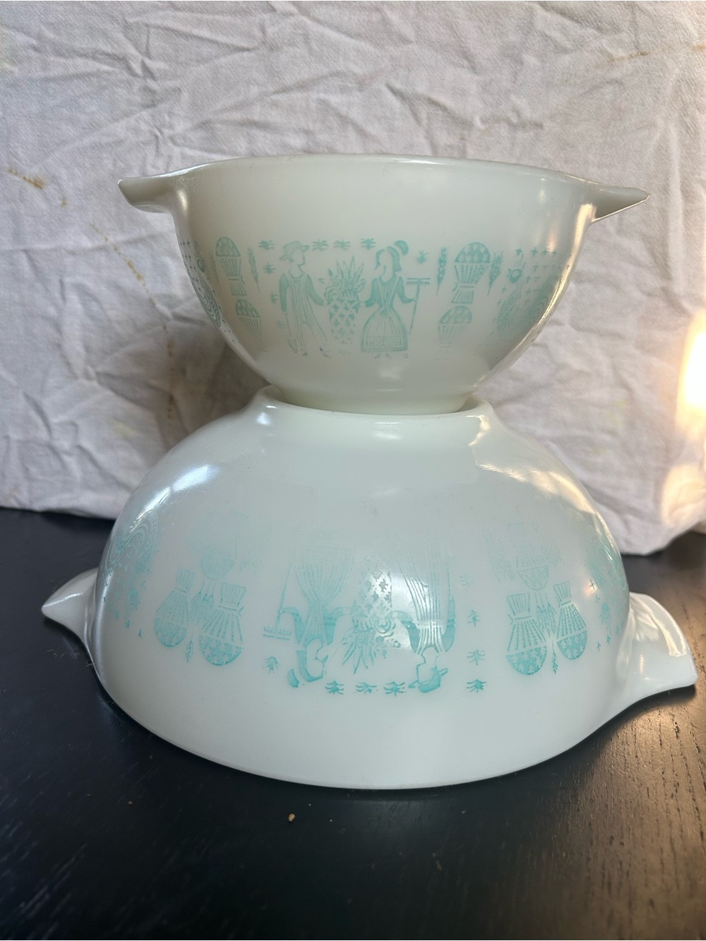 Vintage White Glass Mixing Bowls with Amish Butterprint pattern - 2 piece